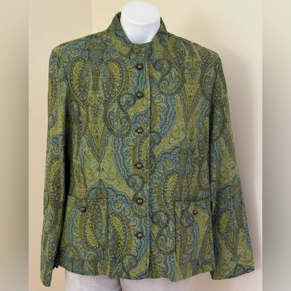 COLDWATER CREEK  Green & Blue Paisley. Shoulder Pads.   6 Button Jacket Sz PXL